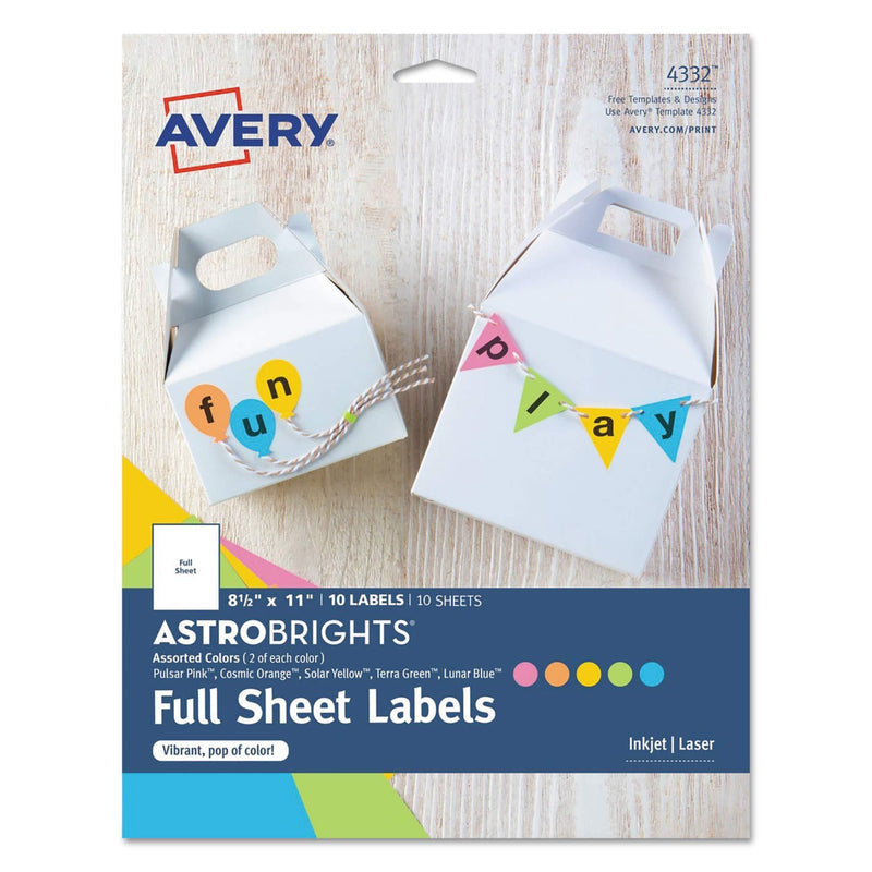 Avery Full-Sheet Labels, Assorted Bright Colors, 8.5" x 11", Laser/Inkjet, 10 Labels (4332) Multicolor Full Sheet Labels