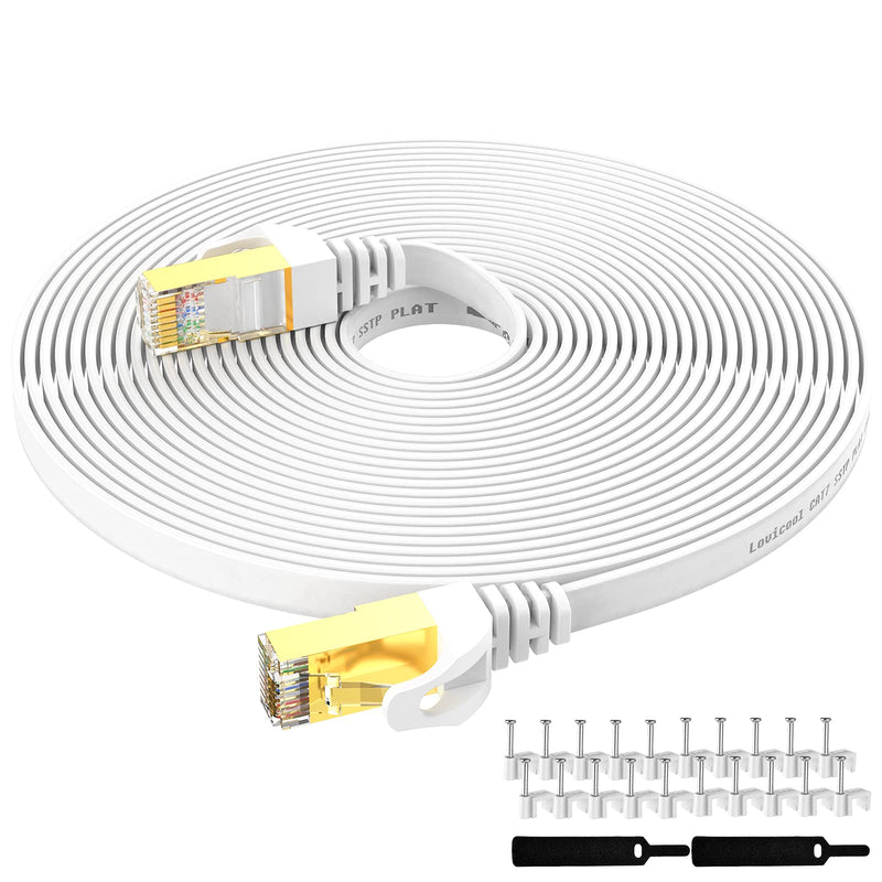 Cat 7 Ethernet Cable 50ft Flat High Speed, Long Internet Network LAN Wire, Slim Shielded Patch Cord for Modem, Switch, Router, Xbox, Faster Than Cat5/Cat6, Free Cable Clips White