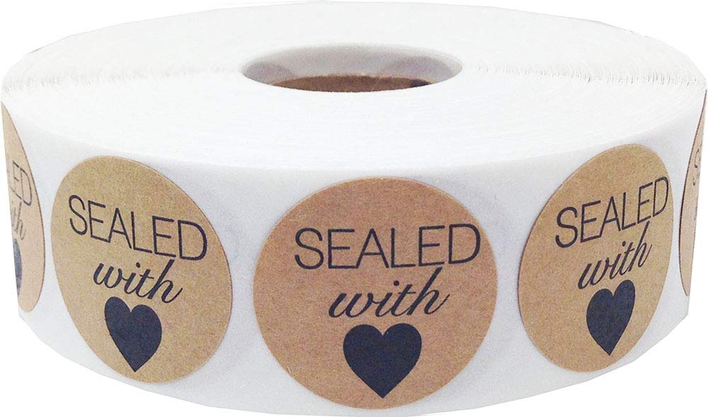 Brown Kraft Circle with Black Sealed with Heart Stickers, 1 Inch Round, 500 Labels on a Roll