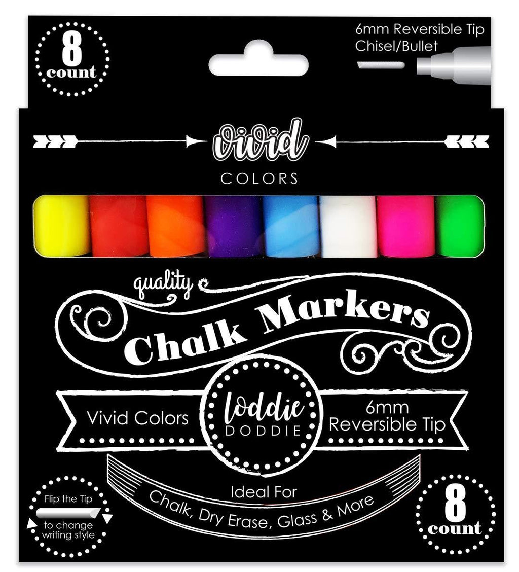 Loddie Doddie Chalk Markers - Perfect for Chalkboards, Blackboards, Windows, Glass, Bistro | 6mm Reversible Bullet & Chisel Tip Erasable Ink (Vivid Neon)