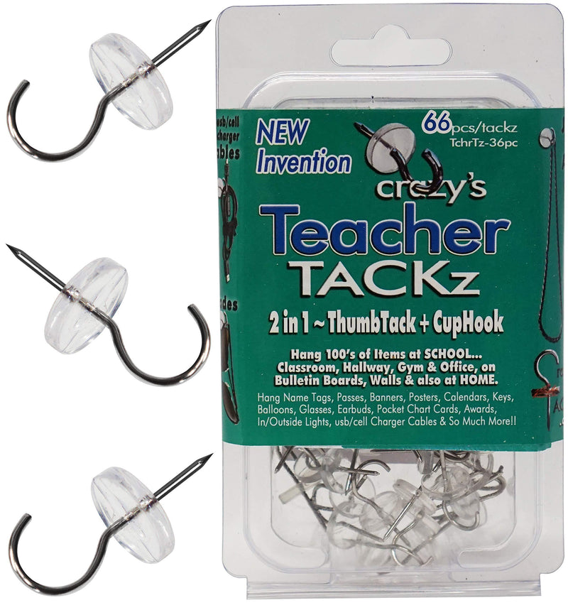 Teacher TACKz 66 Tacks - School Supplies for Teacher's Class Room - 2 in 1 Push pin Hook tack • Banners, Signs, Word Wall Name Letter Fact Family Flash Matching Number Pocket Spelling & Word Cards