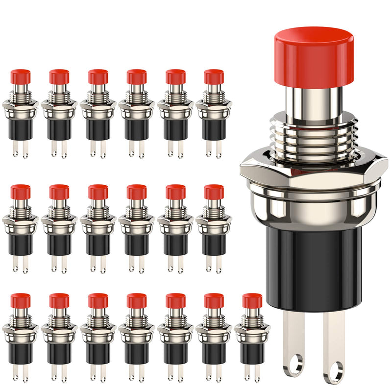 DIYhz Momentary Push Button Switch, 1A 250VAC SPST Mini Pushbutton Switches Normally Open(NO) Red Cap - 20pcs NO-20