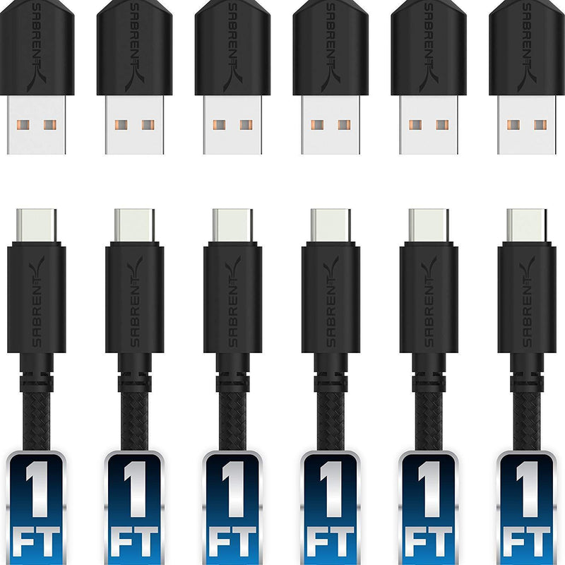 Sabrent [6-Pack] 22AWG Premium 1ft USB-C to USB A 2.0 Sync and Charge Cables [Black] (CB-C6X1)