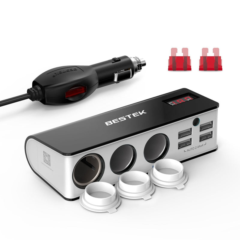 BESTEK 3-Socket Cigarette Lighter Adapter, 12V/24V 200W DC Cigarette Lighter Splitter Power Adapter with 6A 4-Port Car Power Adapter Splitter for GPS, Dashcam, with Replace Fuse