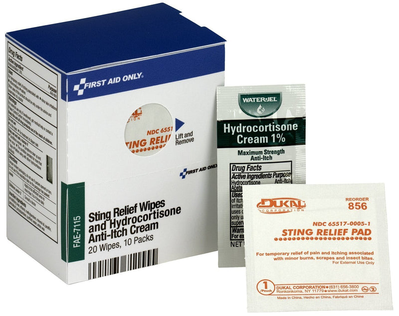 First Aid Only FAE-7115 SmartCompliance Refill Sting Relief Wipes (20), Hydrocortisone Cream (10)