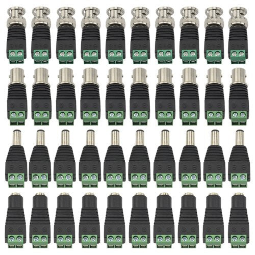 WMYCONGCONG 20 PCS 2.1x5.5mm Female and Male DC Power Adapter Connector + 20 PCS Coaxial Camera Video BNC Male and Female Balun Connector for Coax Cat5 CCTV