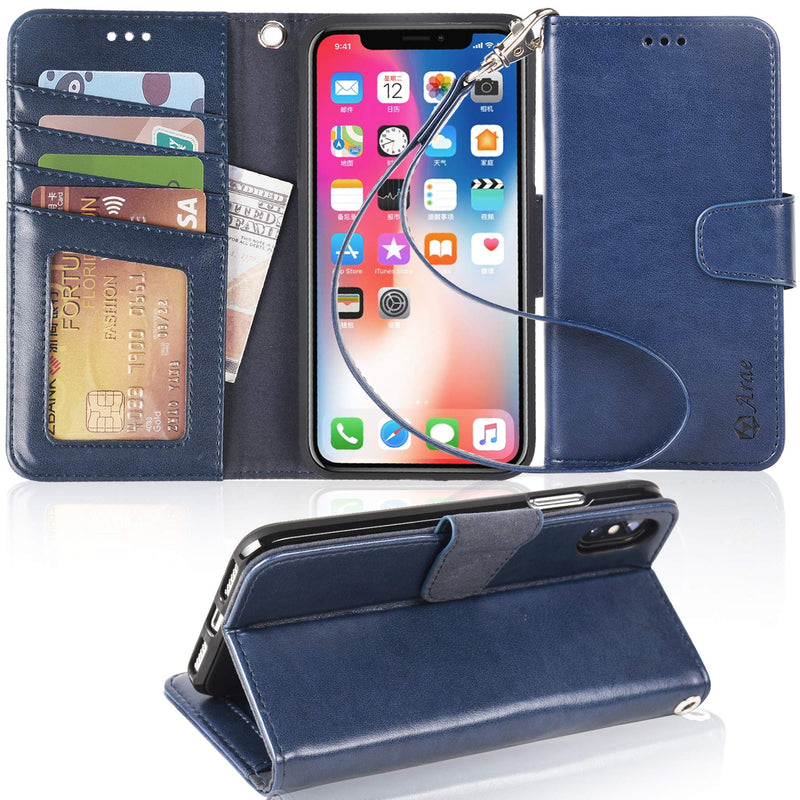 Arae Case for iPhone X/Xs, Premium PU Leather Wallet Case [Wrist Straps] Flip Folio [Kickstand Feature] with ID&Credit Card Pockets for iPhone X (2017) / Xs (2018) 5.8 inch (not for Xr) - Blue