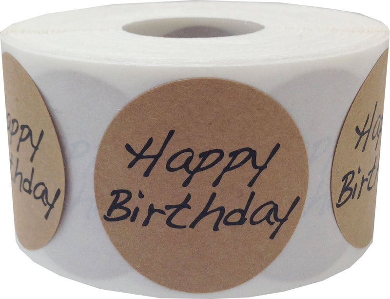 Brown Kraft Circle with Black Happy Birthday Stickers, 1.5 Inches Round, 500 Labels on a Roll