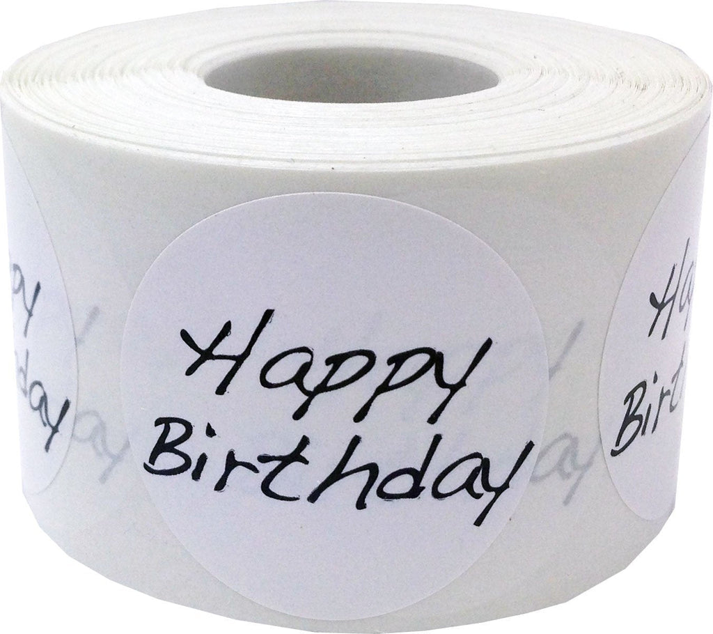 White Circle with Black Happy Birthday Stickers, 1.5 Inches Round, 500 Labels on a Roll