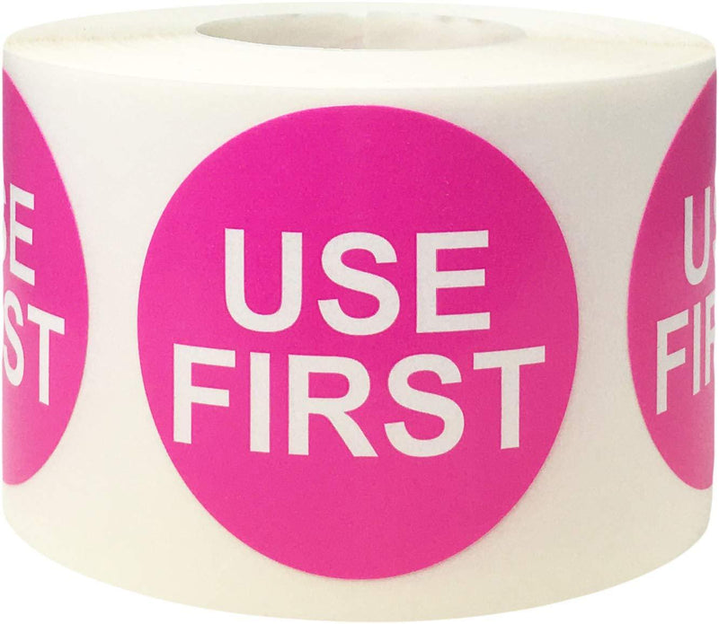 Hot Pink Circle with White Use First Stickers, 1.5 Inches Round, 500 Labels on a Roll