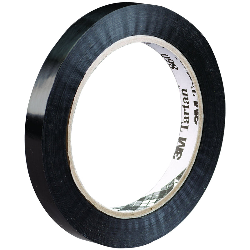 3M 860 Poly Tensilized Strapping Tape, 2.8 Mil, 1/2" x 60 yds, Black, 12/Case, 3M Stock# 7000095390