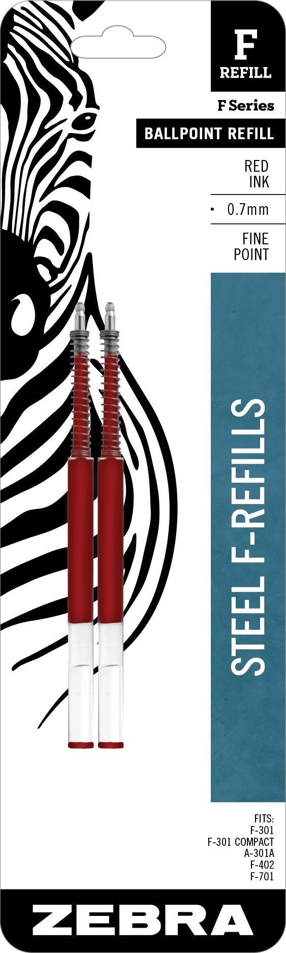 Zebra F-Series Ballpoint Stainless Steel Pen Refill, Fine Point, 0.7mm, Red Ink, 2-Count