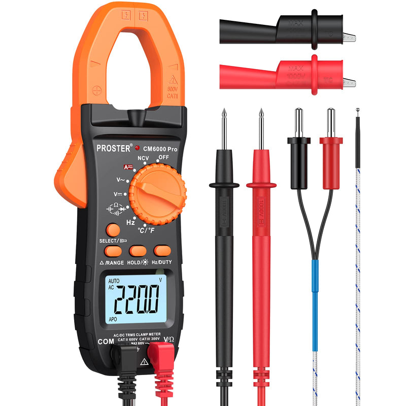 Proster Digital Clamp Meter TRMS 6000counts, 800A DC AC Current AC/DC Voltage NCV Continuity Capacitance Resistance Frequency Diode Hz Test, with1 PairTest Leads 1 Pair Alligator Clips