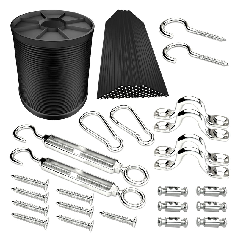 YQL Outdoor Lights Hanging Kit,Globe String Lights Suspension Kit,82ft Black Vinyl-Coated 304 Stainless Steel Cable,String Light Guide Wire,Turnbuckle Wire Rope Tension with Hooks 82ft