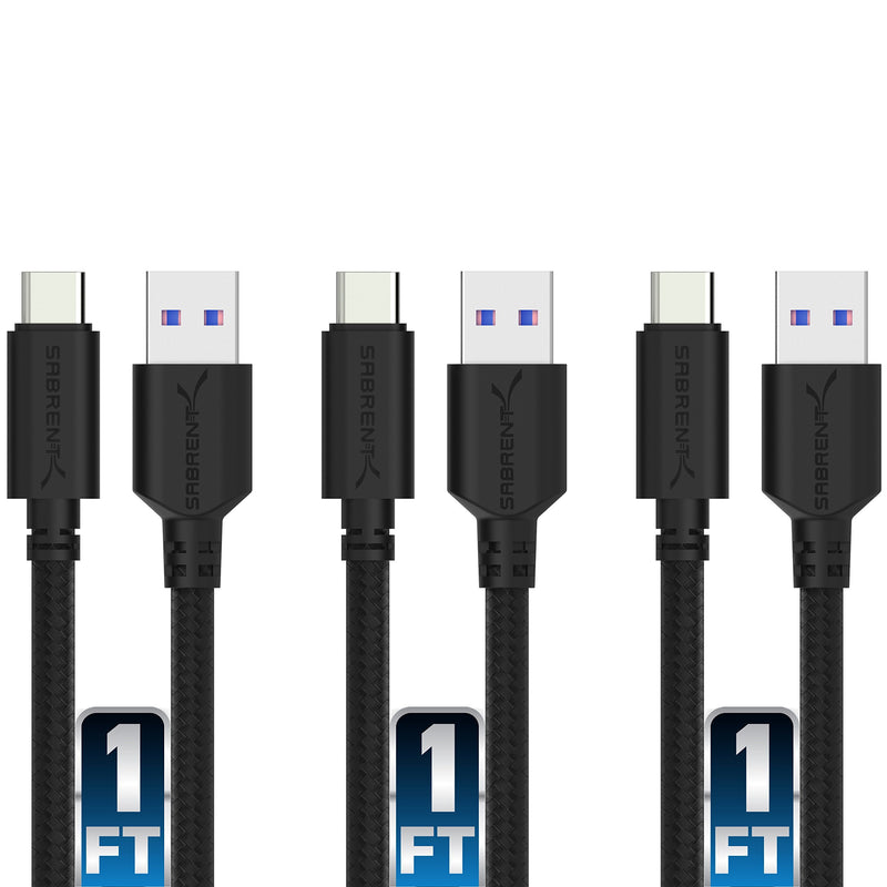 Sabrent [3-Pack] 22AWG Premium 1ft USB-C to USB A 3.0 Sync and Charge Cables [Black] (CB-C3X1)