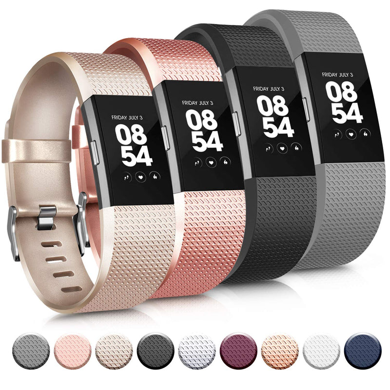 Tobfit Sport Bands Compatible with Fitbit Charge 2, 4 Pack, Replacement Wristbands for Women Men, Small/Large Black/Champagne/Rose Gold/Grey