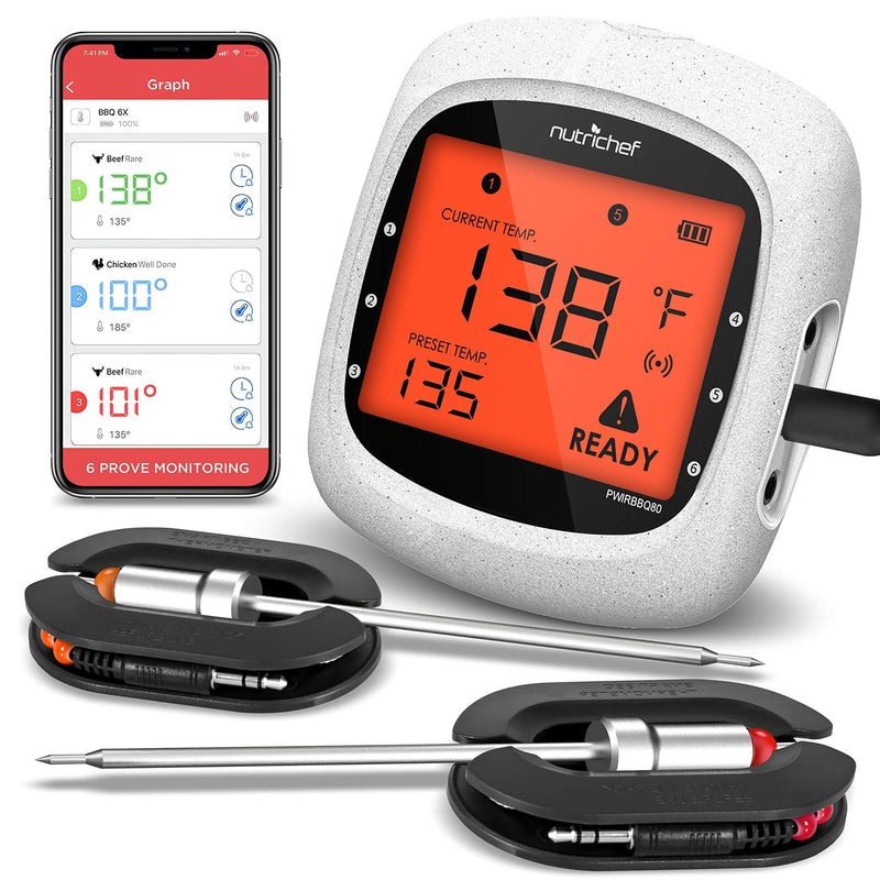 NutriChef Smart Bluetooth BBQ Grill Thermometer - Upgraded Stainless Dual Probes Safe to Leave in Outdoor Barbecue Meat Smoker - Wireless Remote Alert iOS Android Phone WiFi App, One Size, PWIRBBQ80 Multi Probe