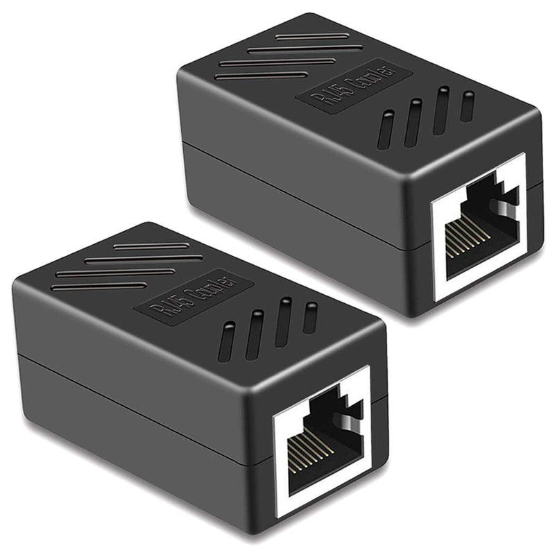 RJ45 Coupler, PLUSPOE 2 Pack Ethernet Cable Extender Inline LAN Connector Plugs for Cat5 Cat5e Cat6e Cat7 Cable, Female to Female (Black) RJ45 Coupler 2Pack Black