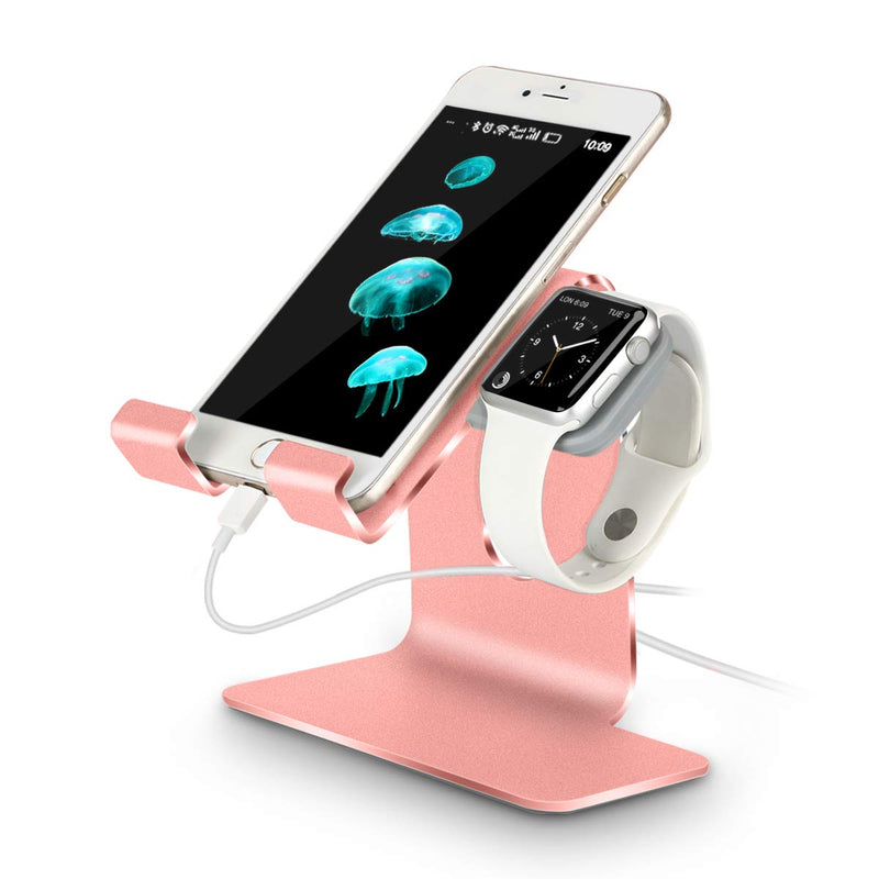 Tranesca 2-in-1 Charging Stand Compatible with Apple Watch Series 7/6/5/4/3/2/1/SE (38mm/40mm/41mm/42mm/44mm/45mm) and iPhone/iPad (Rose Gold) Rose Gold