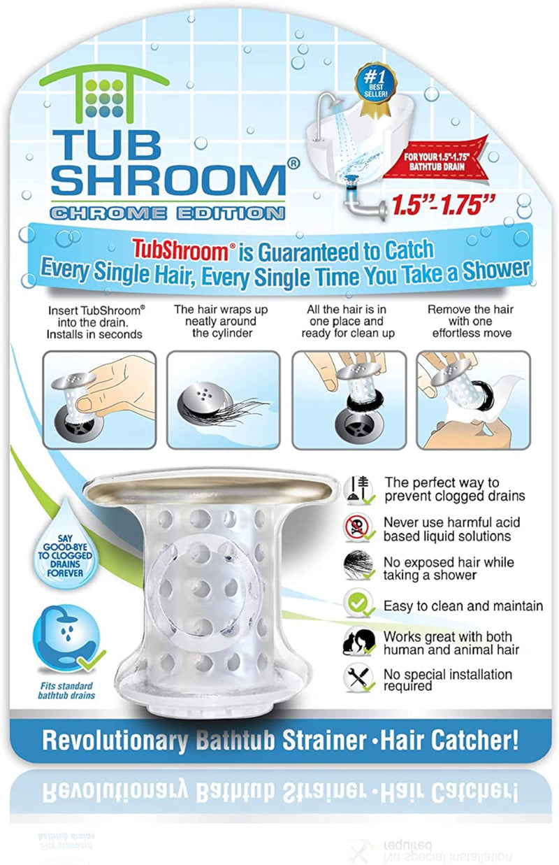 TubShroom Tub Drain Hair Catcher, Chrome â€“ Drain Protector and Hair Catcher for Bathroom Drains, Fits 1.5â€ â€“ 1.75â€ Bathtub and Shower Drains