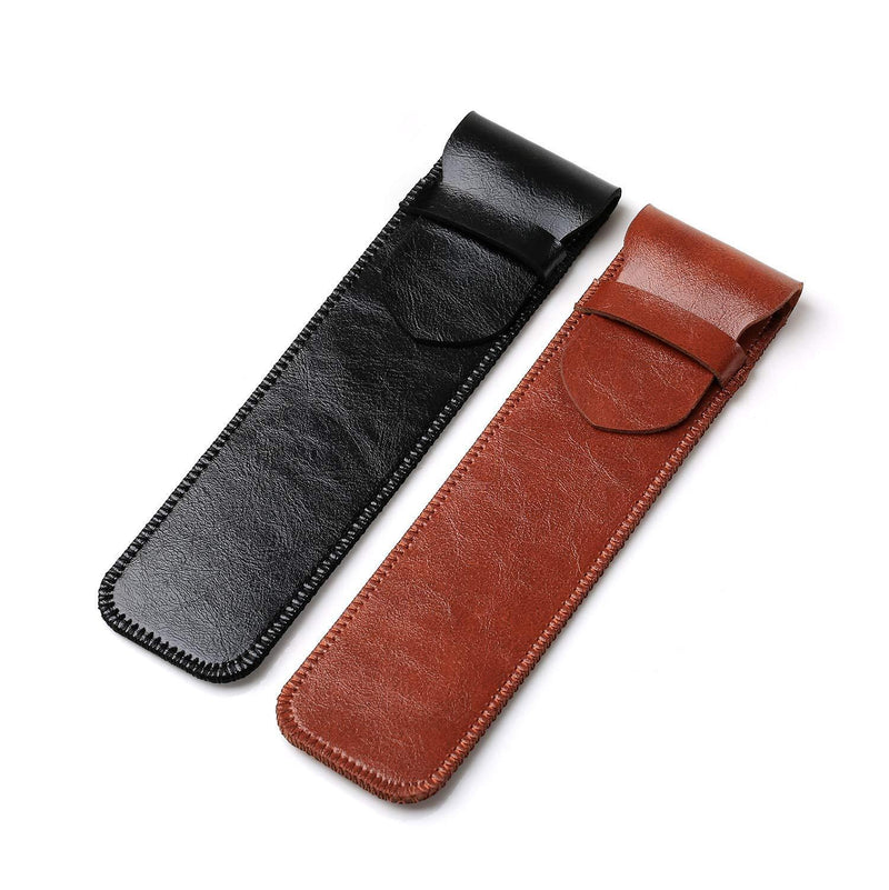 Daimay Leather Pen Case Handmade Fountain Pen Pouch Soft Pen Protective Sleeve Cover Stylus Touch Pen Holder - Pack of 2 (Black & Brown)