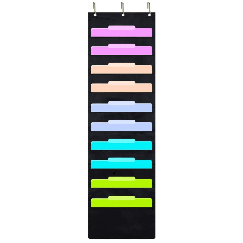 ZKOO Hanging File Folders Pocket Chart, 10 Pocket & 3 Hanger Cascading Wall Organizer - Organize Your Assignments, Files, Scrapbook Papers & More, Perfect Organization for Classroom, Home, Office 10 Pocket Black