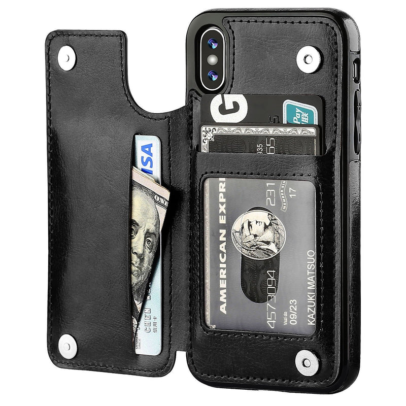 iPhone Xs iPhone X Wallet Case with Card Holder,OT ONETOP Premium PU Leather Kickstand Card Slots Case,Double Magnetic Clasp and Durable Shockproof Cover(Black) iPhone Xs/X 5.8" Black