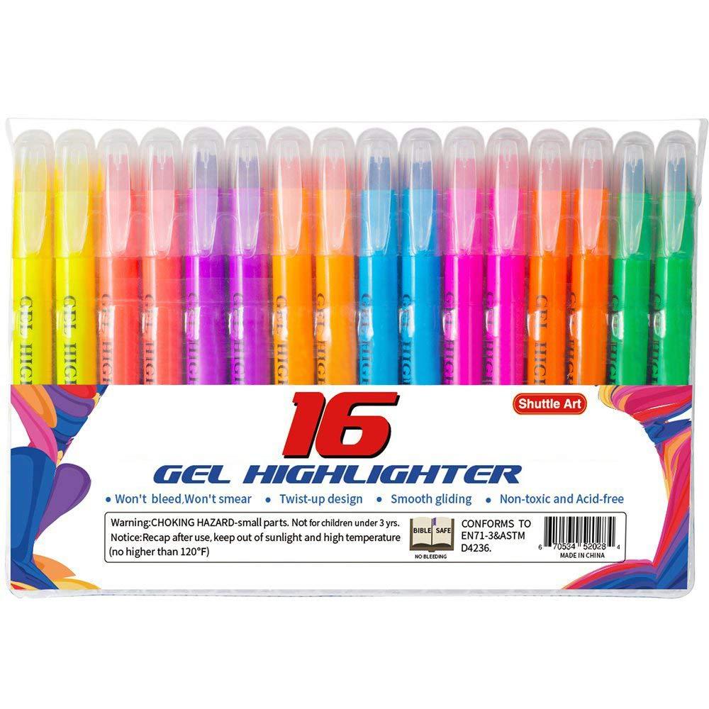 Shuttle Art 16 Pack Gel Highlighters, 8 Assorted Colors Highlighter Study Kit, Great for Journaling, Highlighting and Studying