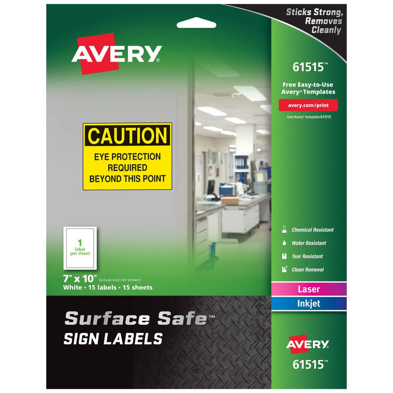 Avery Printable Warning Signs, 7" x 10", Water/Chemical Resistant, 15 Removable Labels (61515) 7" x 10" 15 Labels