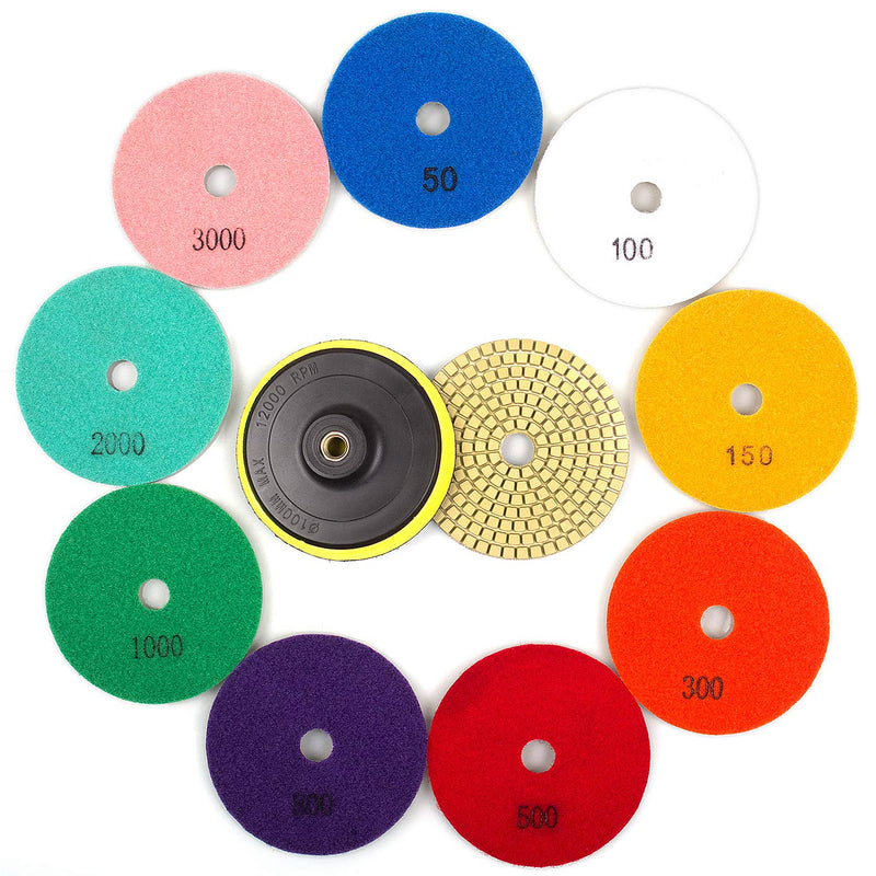 ADVcer Wet Diamond Polishing Pads Set, 4" 10 Pads 50 to 3000 Grit with Hook and Loop Backing Holder Disc - Ideal Buffing Kit for Granite Concrete Marble Stone Countertop Tile Floor Grinder or Polisher