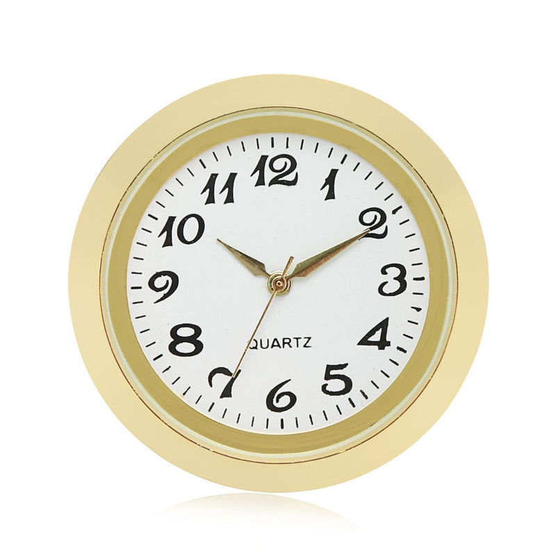 ShoppeWatch Mini Clock Insert Quartz Movement Round 1 7/16 (35mm) Miniature Clock Fit Up White Dial Gold Tone Bezel Arabic Numerals CK094GD