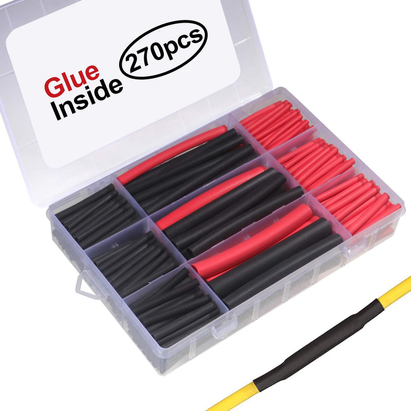 270pcs 3:1 Dual Wall Adhesive Heat Shrink Tubing Kit, 5 Sizes (Diameter): 3/8, 1/4, 3/16, 1/8, 3/32 inch, Marine Wire Cable Sleeve Tube Assortment with Storage Case for DIY by MILAPEAK (Black & Red)