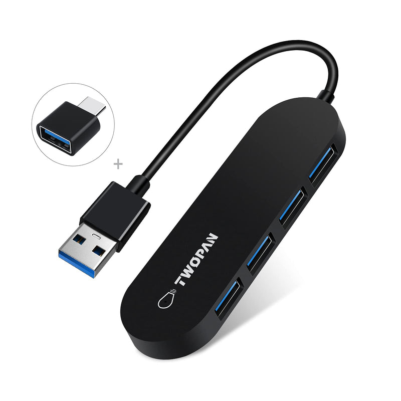 TWOPAN USB Sliptter HUB 3.0 Adapter 4-Port USB A Adapter High Speed Ports Ultra Slim Mini USB Hub with an Extra USB C Adapter for Desktop, Computer Laptop/ T2-A Black A