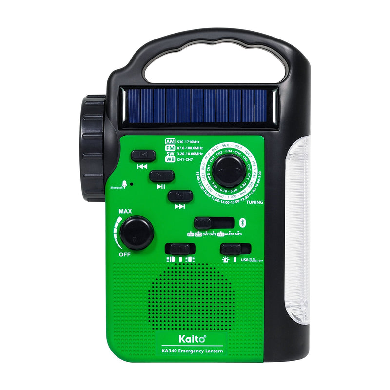 Kaito KA340 5-Way Powered Rechargeable LED Camping Lantern & Emergency AM/FM/SW NOAA Weather Alert Radio with Bluetooth, Flashlight, 5V USB Mobile Phone Charger, MP3 Player & Siren (Green) Green