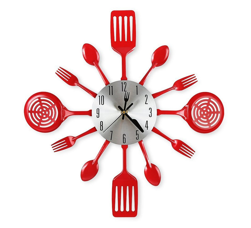 CIGERA 16 Inch Large Kitchen Wall Clocks with Spoons and Forks,Great Home Decor and Nice Gifts,Red Red