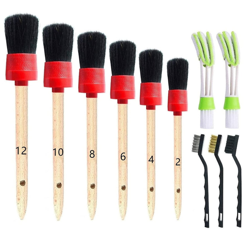 Nurkul 11 Pieces Auto Detailing Brush Set for Cleaning Wheels, Interior, Exterior, Leather, Including 6 pcs Premium Detail Brush (Black), 3 pcs Wire Brush and 2 pcs Automotive Air Conditioner Brush
