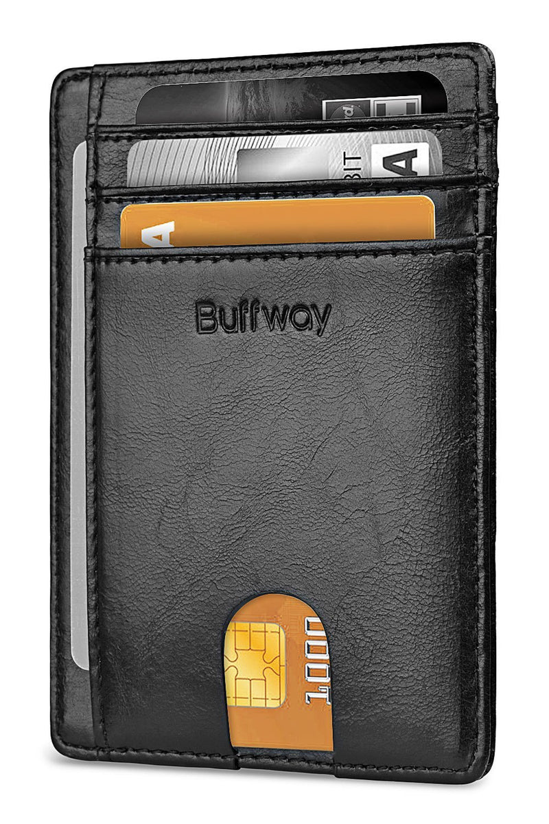 Buffway Slim Minimalist Front Pocket RFID Blocking Leather Wallets for Men Women Alaska Black