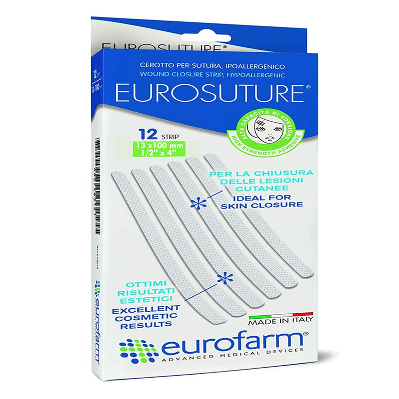 EUROSUTURE - Skin Closure 1/2 x 4 inches Sterile Suture Strips, Dynamic Adherence and Superior Security for Wounds – 2 Pouches of 6 Strips Each (12 Strips per Box) 1/2 x 4" 12 PCS