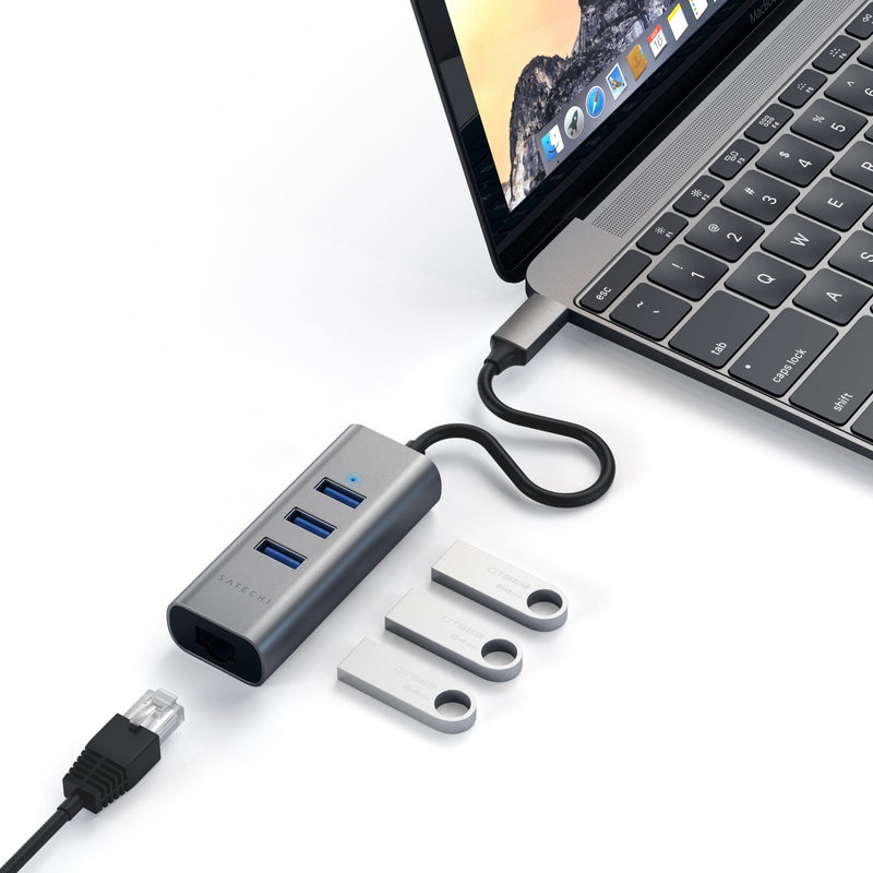 Satechi Type-C 2-in-1 USB 3.0 Aluminum 3 Port Hub with Ethernet - Compatible with 2020/2018 MacBook Air, 2020/2018 iPad Pro, 2019/2018/2017 MacBook Pro (Space Gray) Space Gray