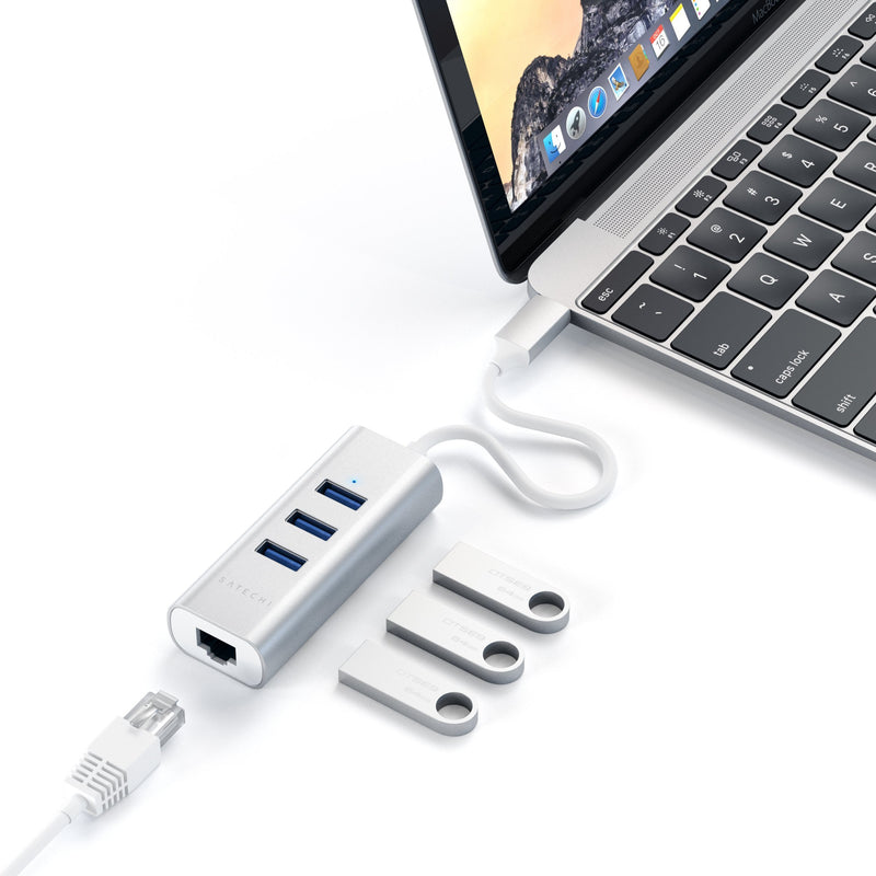 Satechi Type-C 2-in-1 USB 3.0 Aluminum 3 Port Hub with Ethernet - Compatible with 2020/2018 MacBook Air, 2020/2018 iPad Pro, 2019/2018/2017 MacBook Pro (Silver) Silver