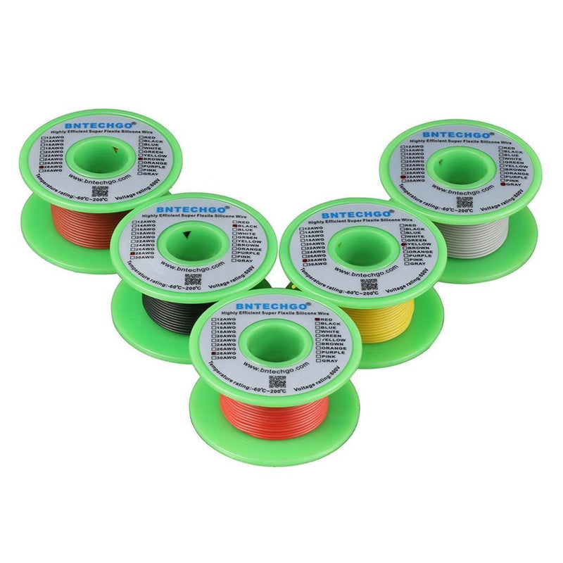 BNTECHGO 28 Gauge Silicone Wire Kit Red Black Yellow Brown and Gray Each 50ft 28 AWG Stranded Wire 28 gauge silicone wire each color 50 ft 28 gauge Silicone wire red black yellow brown and gray