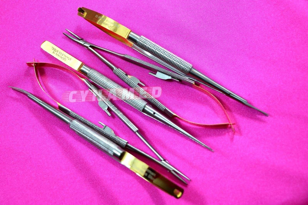 German Stainless Set of 5 Castroviejo Micro Scissors Needle Holder Straight and Curved and Micro Forceps Dental Eye Instruments