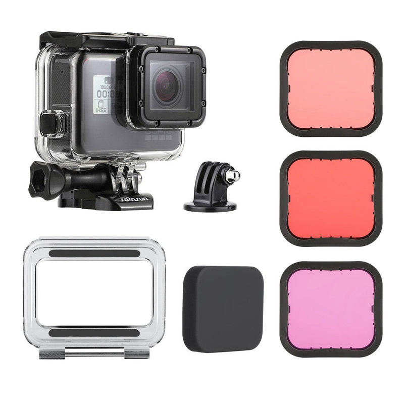 SOONSUN 45m Underwater Waterproof Dive Housing Case with 3-Pack Dive Filters for GoPro Hero 5 6 7 Black Hero (2018) - Include Backdoor, Quick Release Buckle, Thumb Screw, Tripod Adapter, Lens Cap Dive Housing with Filters