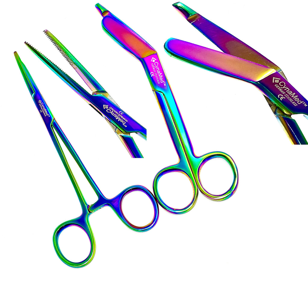 New Premium Lister Bandage Scissors 5.5 inches Plus Hemostat Forceps Straight Multi Color Rainbow Color Stainless Steel Set of 2