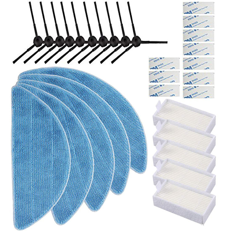 Replacement Consumable Accessories Parts 10pcs Side Brush + 5pcs Hepa Filter + 5pcs Mop Cloth + 10pcs Magic Paste for ILIFE V3 V3s V5 V5s V5s pro Robot Vacuum Cleaner Blue,Black,White