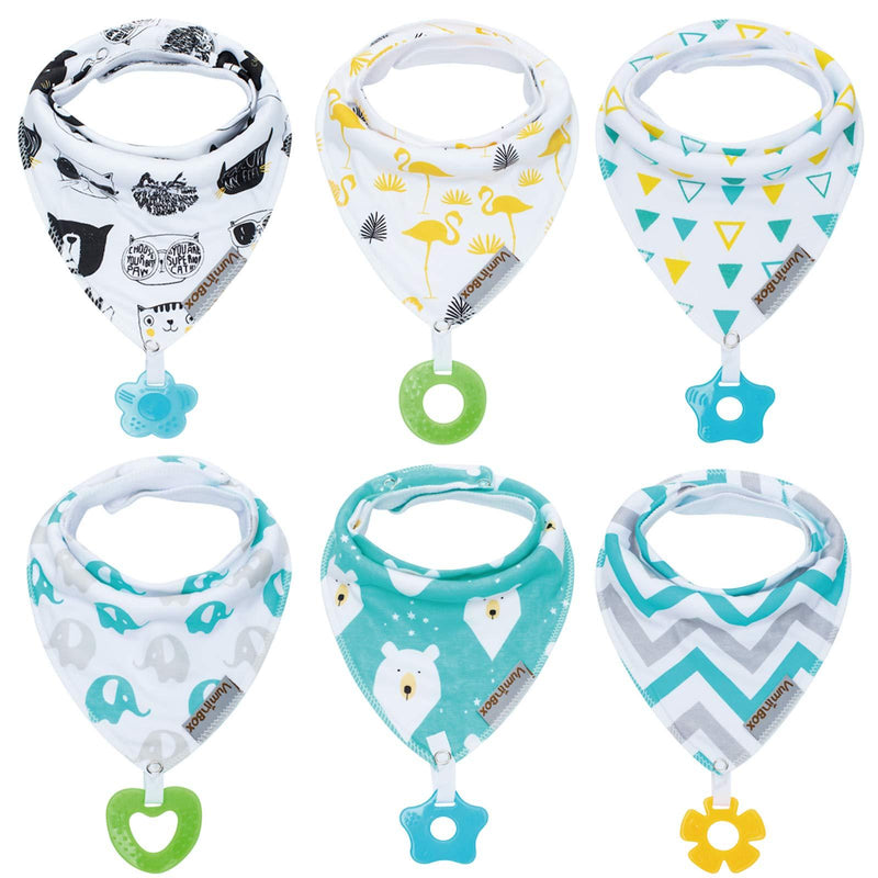 Baby Bandana Drool Bibs 6-Pack and Teething Toys 6-Pack Made with 100% Organic Cotton, Absorbent and Soft Unisex (Vuminbox) (6-Pack Unisex) Blue
