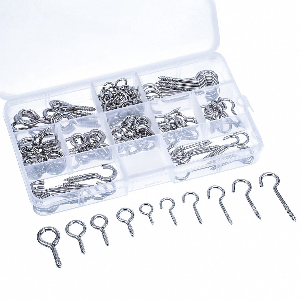 Bememo Screw Hooks and Screw Eyes Kit, Assortment Size Ceiling Hooks Cup Hooks and Eye Bolts, 150 Pieces (Silver) Silver