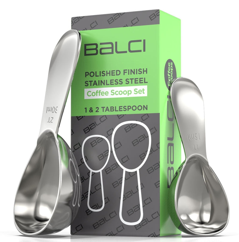 BALCI - Stainless Steel Coffee Scoop Set (1&2 Tablespoon, 15ml and 30ml) Exact Measuring Spoons for Coffee, Tea, Sugar, Flour and More!