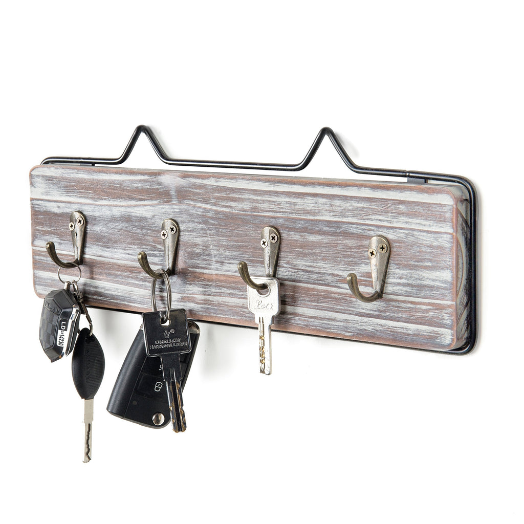 MyGift Wall-Mounted Torched Wood and Black Metal Frame Entryway Key Hook Rack