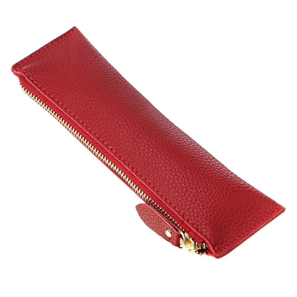 BTSKY Genuine Leather Pencil Case - Zippered Pen Case Stationery Bag Zipper Pouch Pencil Holder (Red) Red